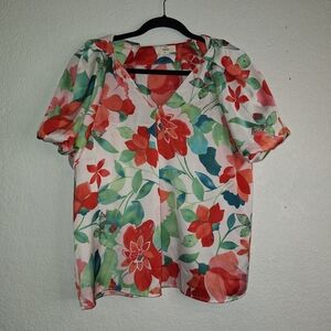 Entro Floral V-Neck Top With Bubble Sleevess Size Medium